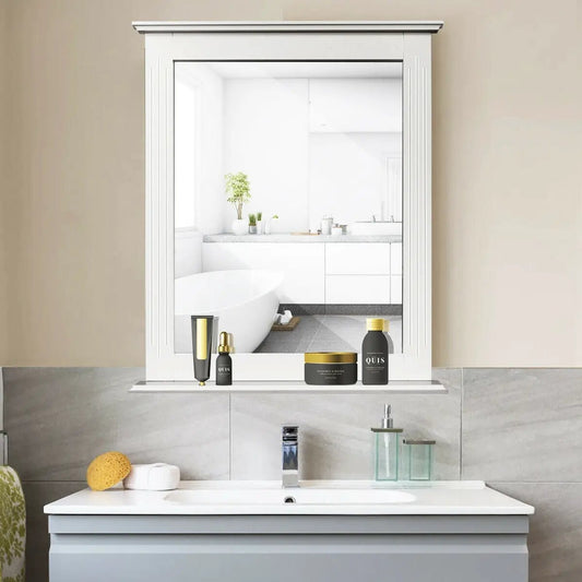 Wall Mounted Vanity Mirror with Shelf white frame; four QUIS items on the shelf on Tampa Home & Garden Store