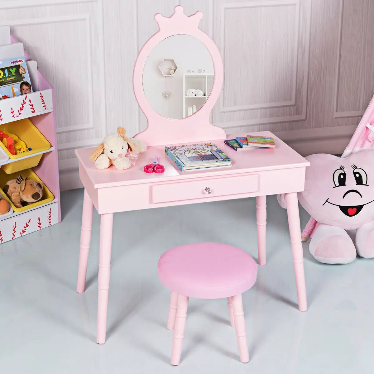 Kids Vanity Table and Chair Set With Drawer in pink with crown mirror and matching stool on Tampa Home & Garden Store