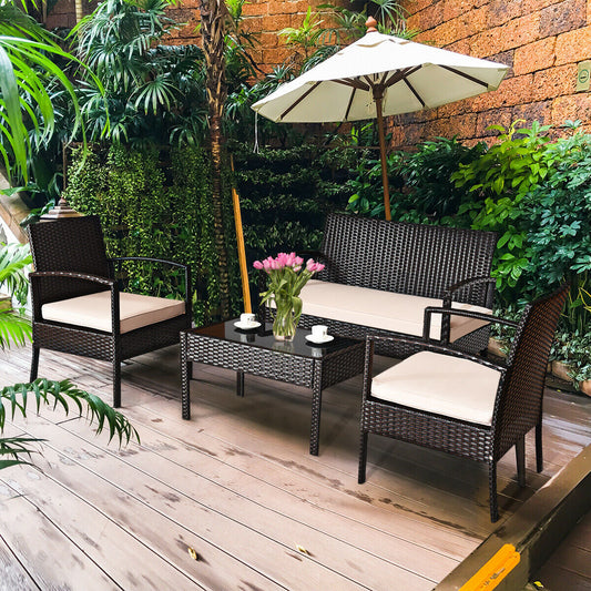 4 Pieces Patio Rattan Conversation Set with Loveseat Sofas and Coffee Table - Tampa Home & Garden Store