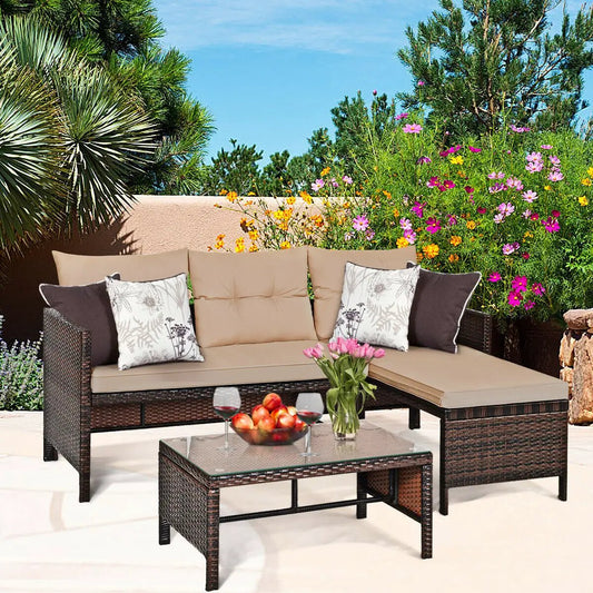 3 Pieces Patio Wicker Rattan Sofa Set-Beige - Tampa Home & Garden Store