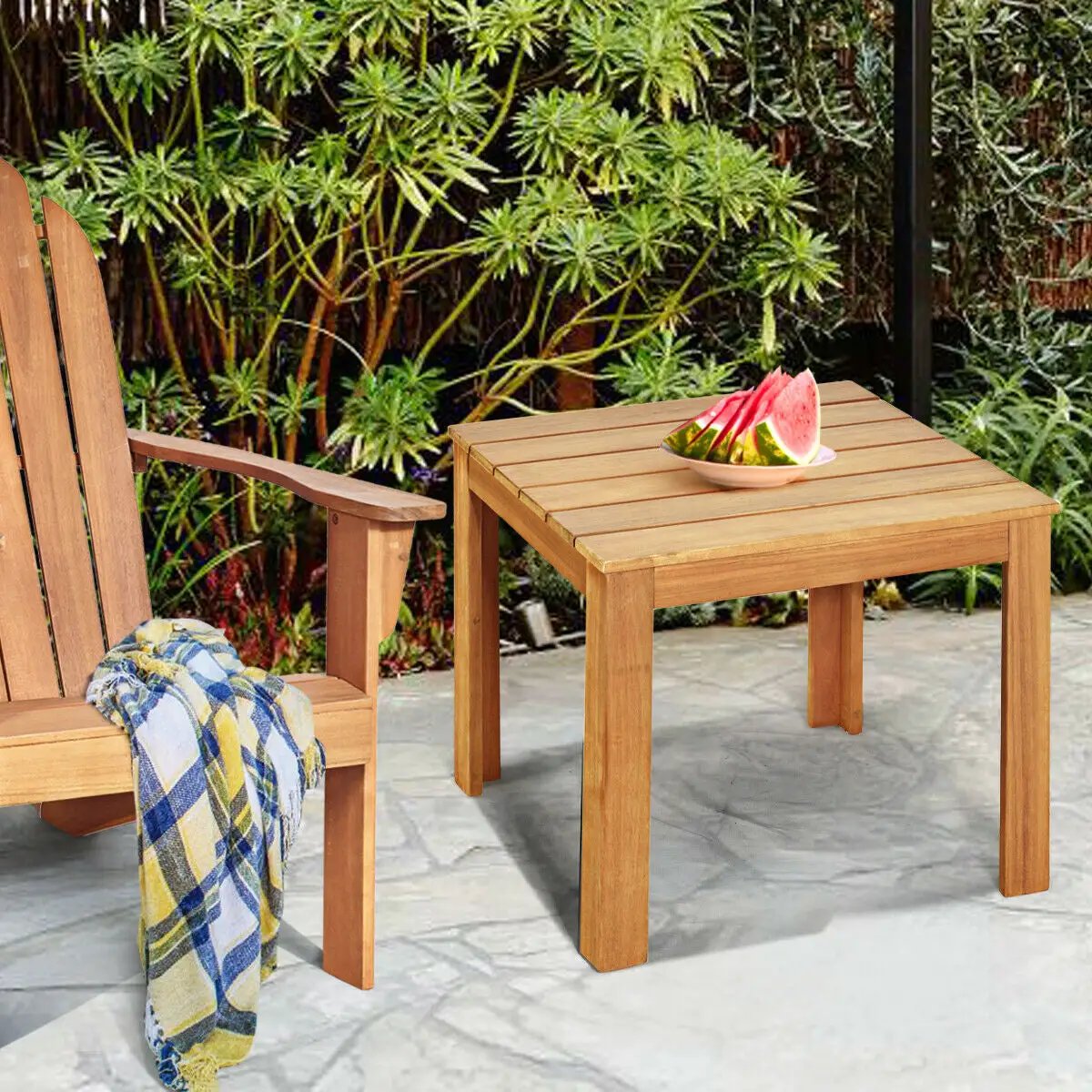 Wooden square patio coffee table with natural wood finish and matching chair, 2-piece set on Tampa Home & Garden Store