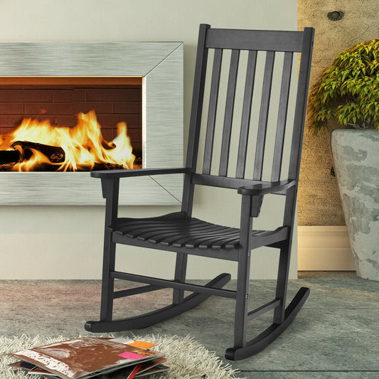Indoor Outdoor Wooden High Back Rocking Chair-Black - Tampa Home & Garden Store