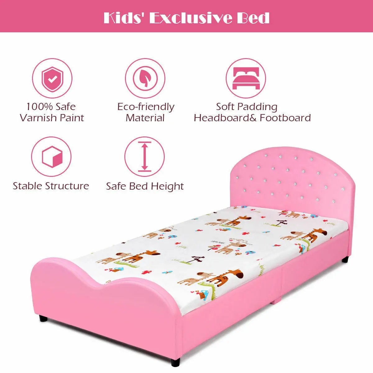 Twin upholstered toddler bed in pink fabric with wood slat base, DirectDeals on Tampa Home & Garden Store