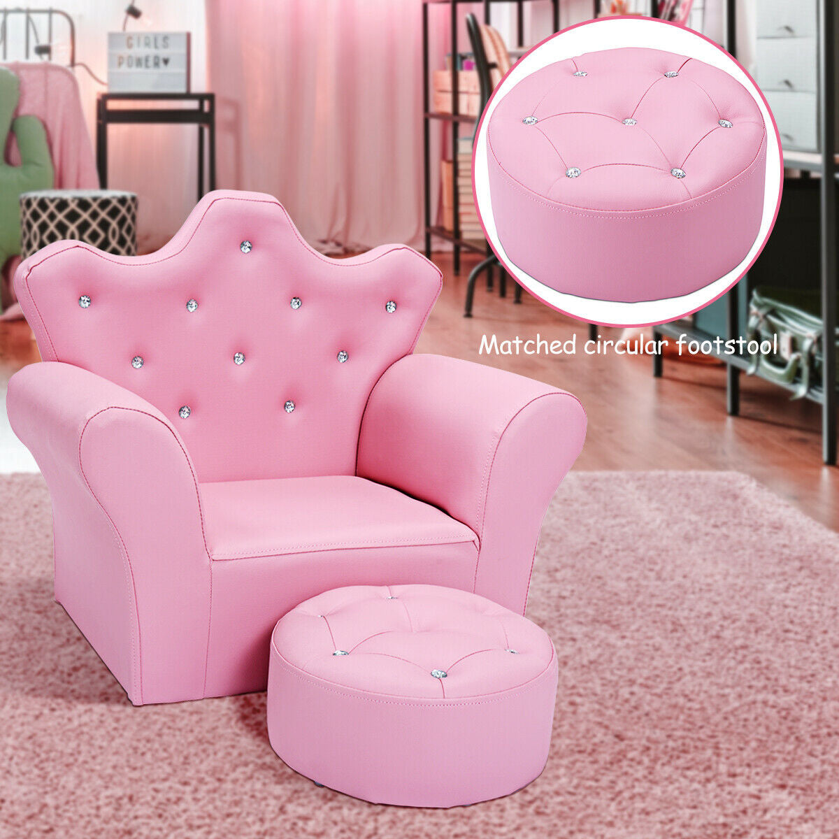 Children's upholstered princess sofa with tufted crystal buttons and pink round ottoman set on Tampa Home & Garden Store