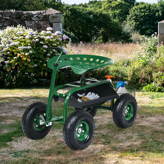 Extendable Handle Garden Cart and Wagon green with four tires and tray on Tampa Home & Garden Store