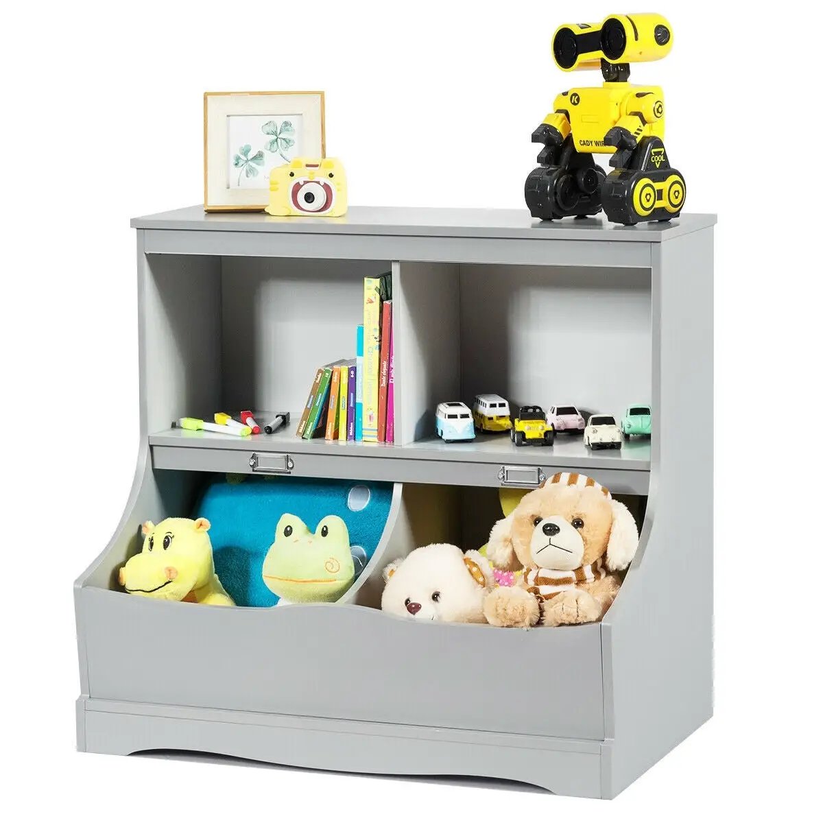 Kids Floor Cabinet Bookcase in gray with two shelves, cars and books, three curved bins on Tampa Home & Garden Store