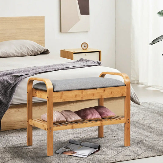 Bamboo shoe rack bench with cushioned top and slatted lower shelf in natural finish on Tampa Home & Garden Store