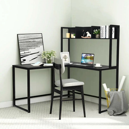 Reversible L shaped desk with storage bookshelf black metal frame for compact home office on Tampa Home & Garden Store