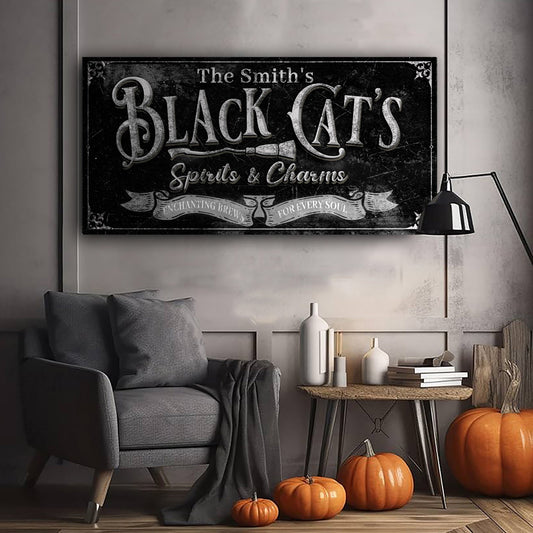 Canvas sign Black Cat’s Spirits & Charms Bar Halloween Sign III on chalkboard sign on Tampa Home & Garden Store