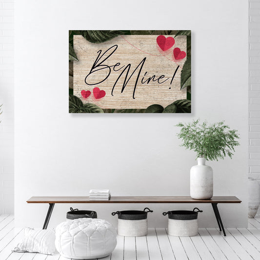 Rustic Valentine Saying Sign III canvas art with Be Mine script and red hearts border on Tampa Home & Garden Store