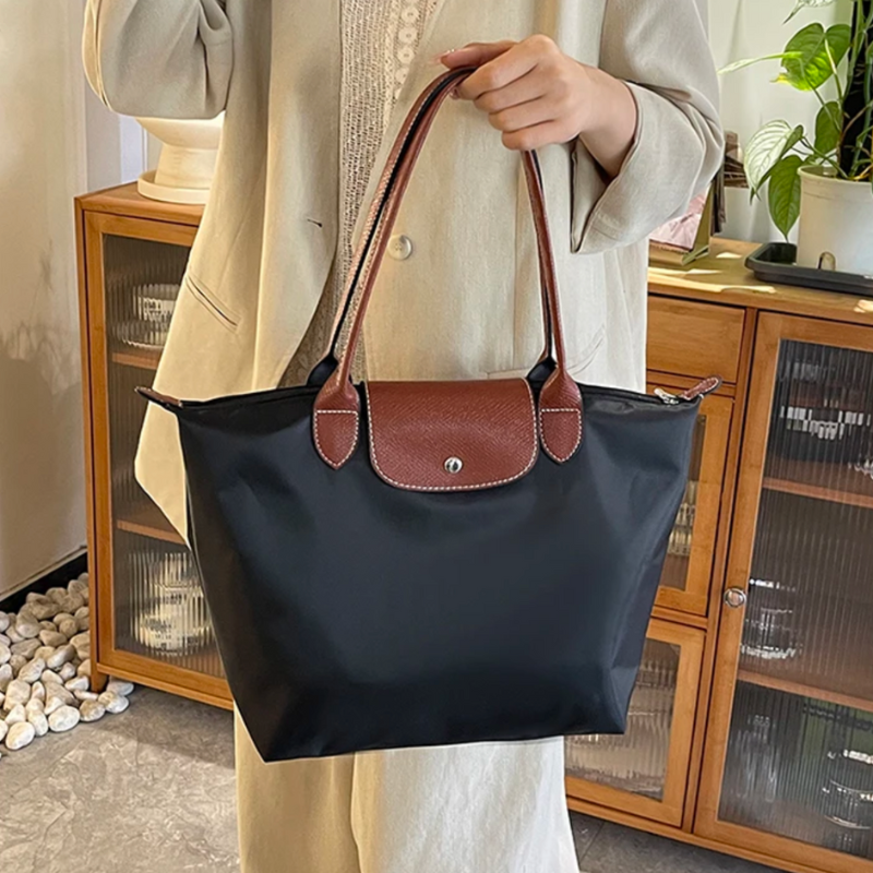 Large Classic Shoulder Handbag black with brown leather trim Moktan Sabai shopper bag on Tampa Home & Garden Store