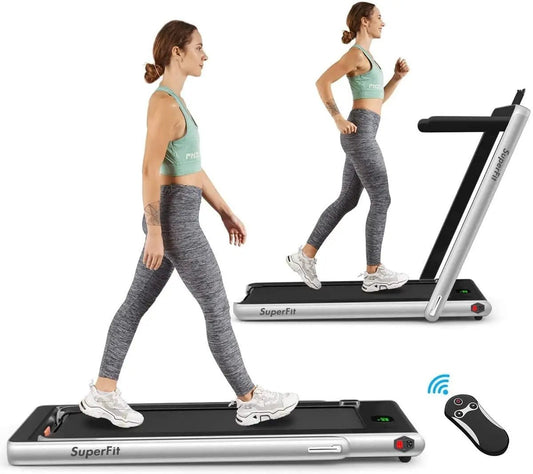 DirectDeals treadmill infrared remote control beside a silver SuperFit treadmill, woman walking on Tampa Home & Garden Store