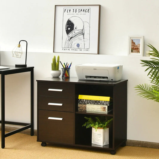 Dark wood three-drawer mobile file cabinet with printer on top and caster wheels on Tampa Home & Garden Store
