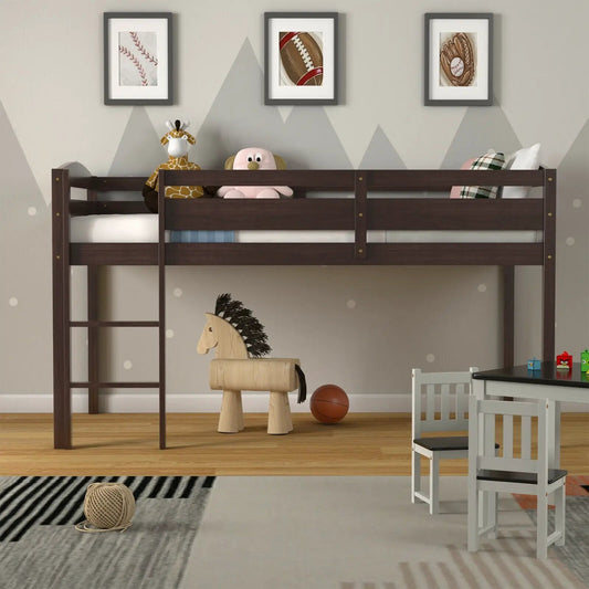 DirectDeals wooden twin loft bunk bed with guard rail in dark brown, left ladder, plush toys on Tampa Home & Garden Store