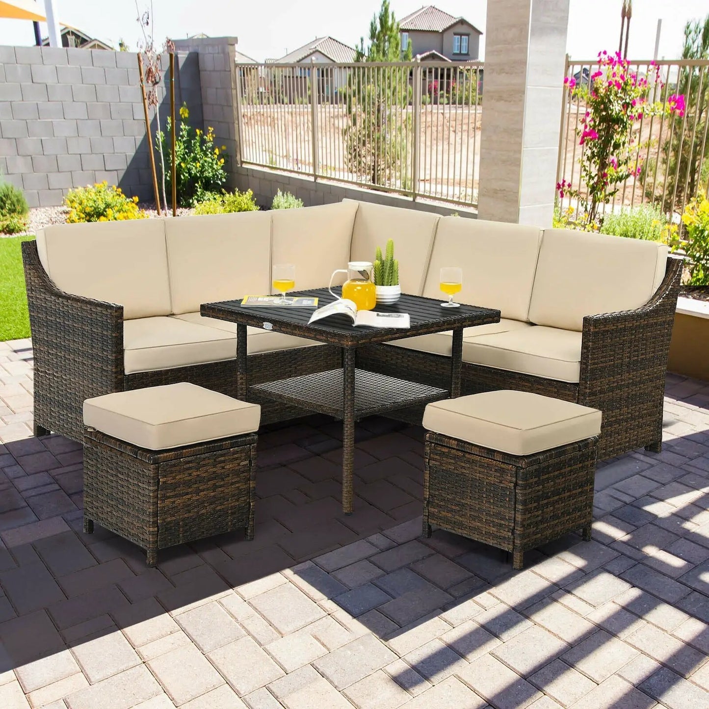 Six-Piece Patio Rattan Dining Sofa Set with beige cushions and dark wicker for outdoor use on Tampa Home & Garden Store