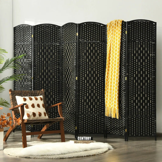 6.5Ft 6-Panel Weave Folding Fiber Room Divider black woven screen curved tops yellow throw on Tampa Home & Garden Store