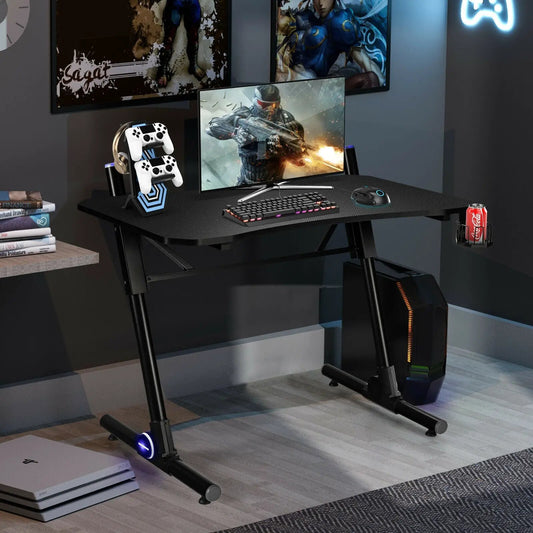 DirectDeals 43.5 inch height adjustable gaming desk with blue LED lighting and carbon fiber top on Tampa Home & Garden Store