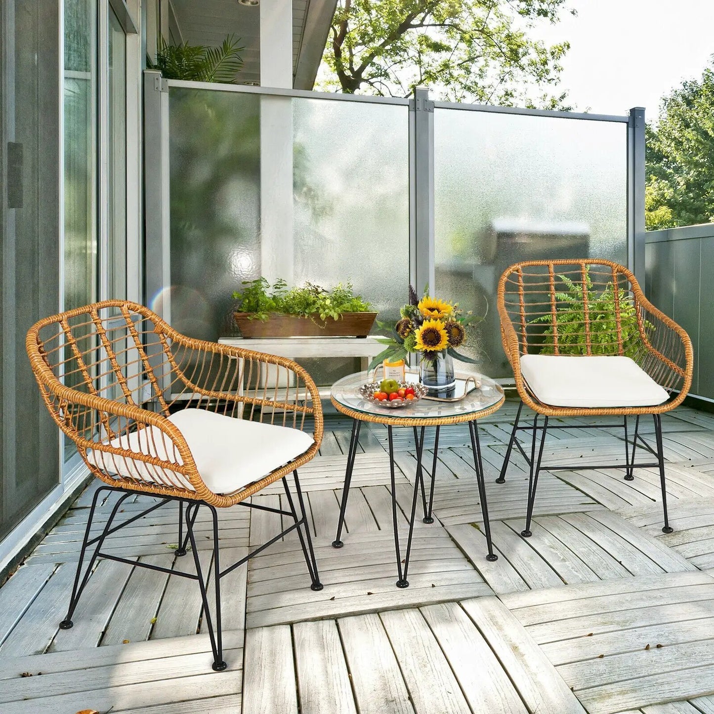 3 piece outdoor rattan furniture set with cushioned chairs and glass table DirectDeals on Tampa Home & Garden Store