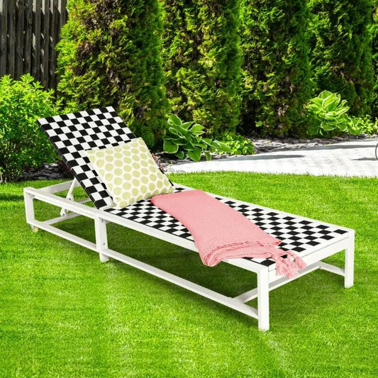 Patio Adjustable Reclining Chaise with Wheels white frame black-white checkered fabric on Tampa Home & Garden Store