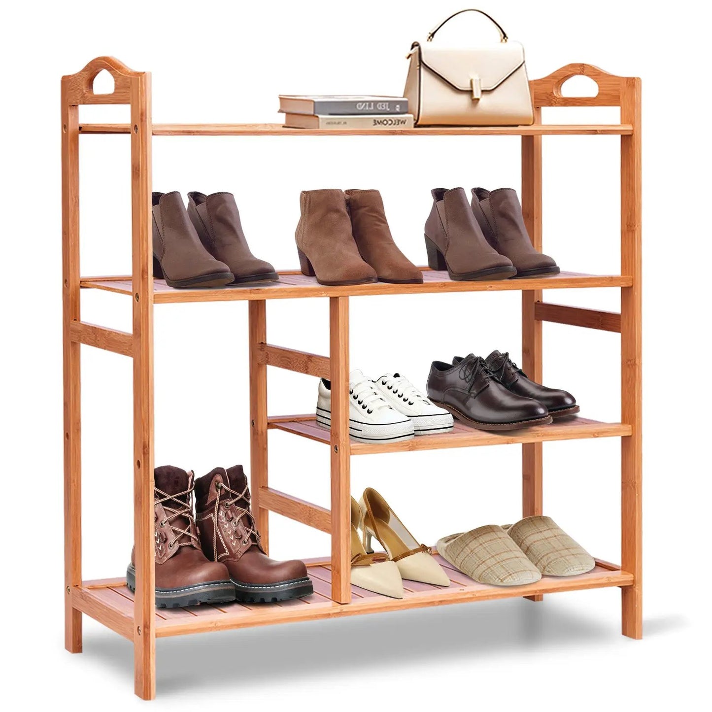 Bamboo Shoe Rack 4-Tier for entryway, natural bamboo finish, stores multiple shoes on Tampa Home & Garden Store