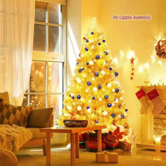 6 ft gold tinsel Christmas tree with hinged stand, blue and white ornaments, DirectDeals on Tampa Home & Garden Store