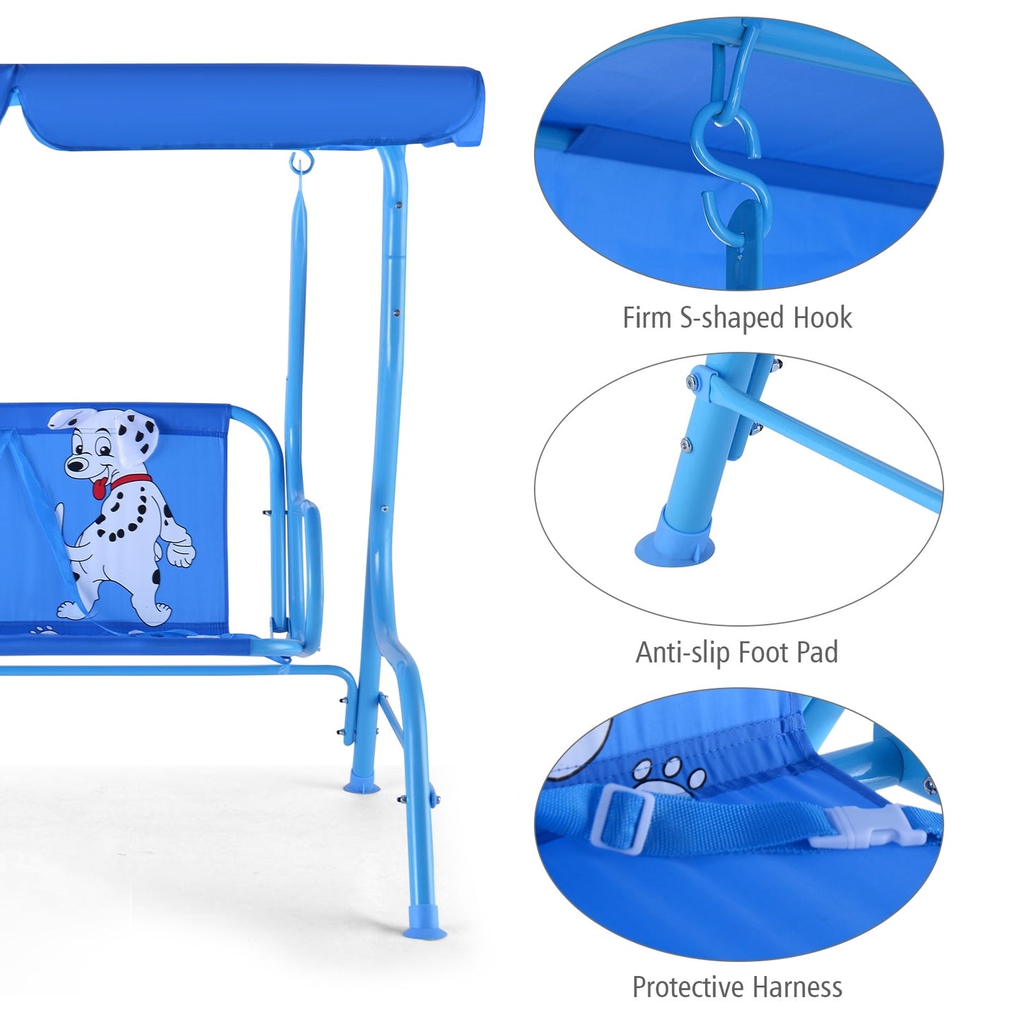 Outdoor Kids Patio Swing Bench and Canopy blue 2-seat dog print seat panel DirectDeals on Tampa Home & Garden Store