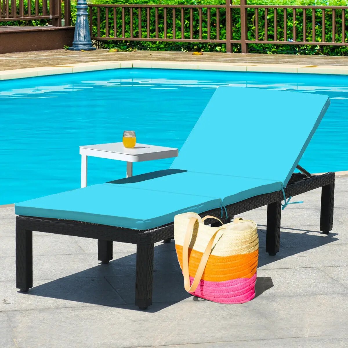 Patio Rattan Cushioned Height Adjustable Lounge Chair-Blue - Tampa Home & Garden Store