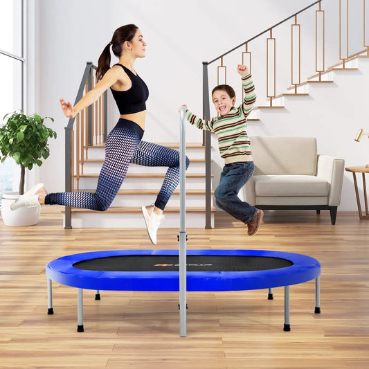 Two-Person Foldable Kids Fitness Trampoline blue with woman and child exercising indoors on Tampa Home & Garden Store