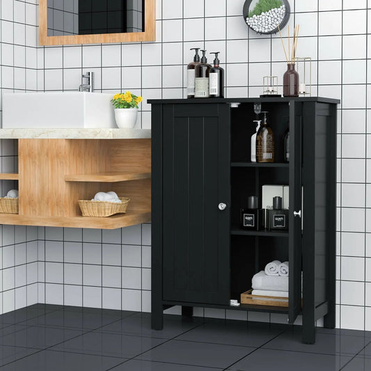 2-Door bathroom floor storage cabinet space saver in black with panel doors and open shelves on Tampa Home & Garden Store