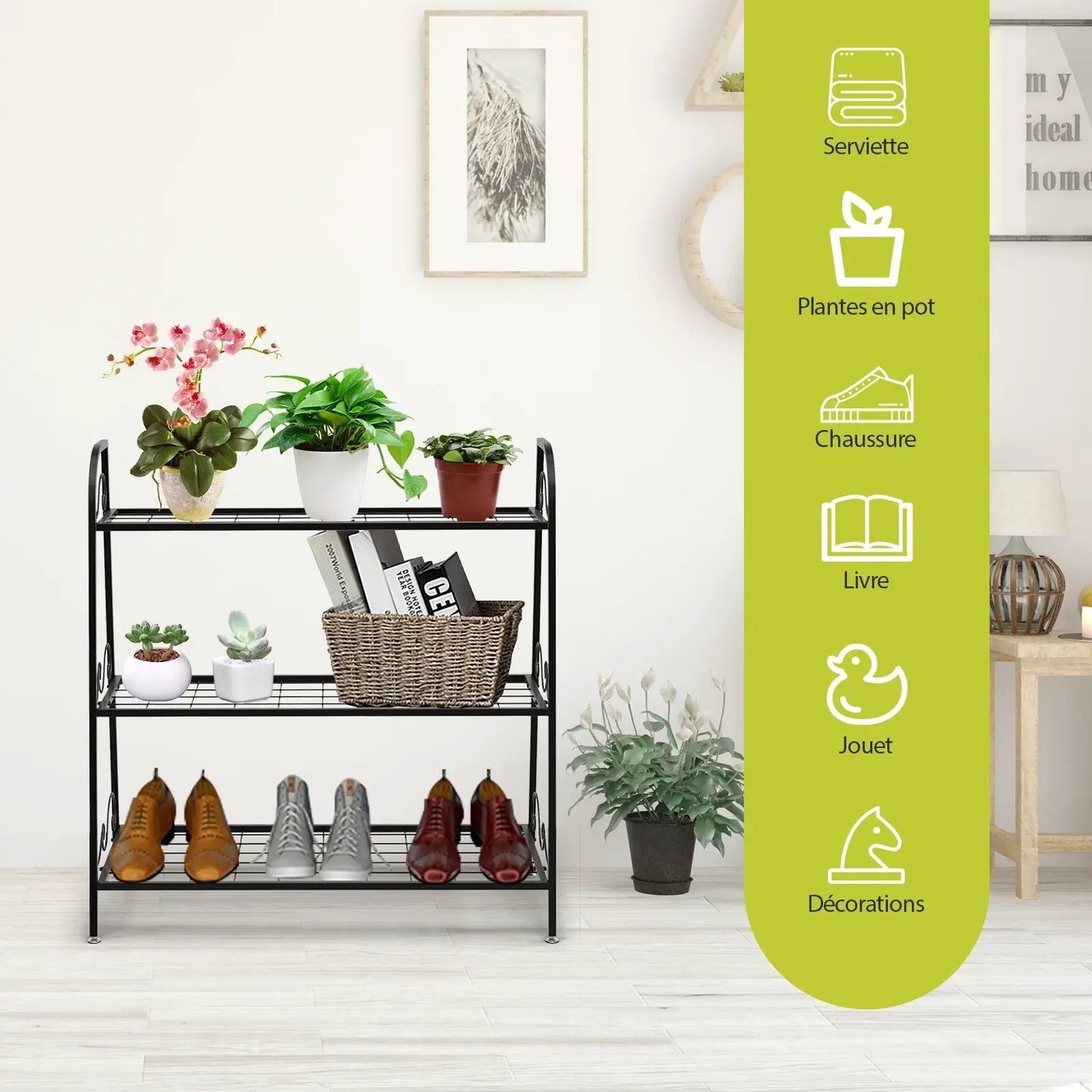 Three-Tier black metal plant stand with three top pots DirectDeals Plant Stands on Tampa Home & Garden Store