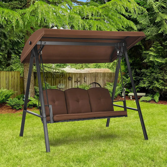 Outdoor 3-Seat Porch Swing with Adjust Canopy and Cushions-Coffee - Tampa Home & Garden Store