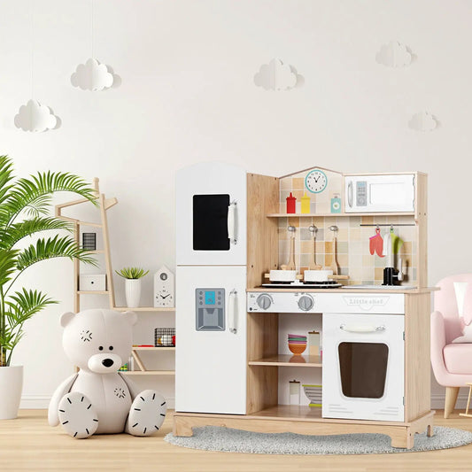 Wooden kids kitchen playset by Little Chef with fridge, stove, microwave in natural wood finish on Tampa Home & Garden Store