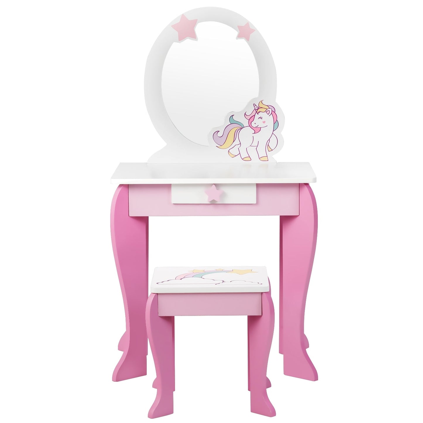 Kids wooden makeup vanity set with unicorn illustration, pink legs on Tampa Home & Garden Store