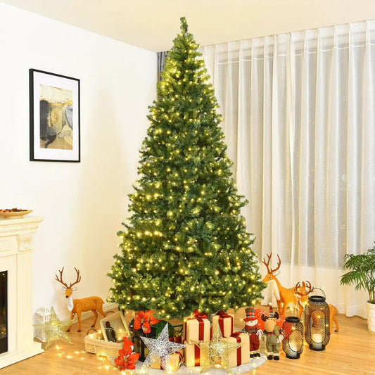 Artificial Hinged Christmas Tree DirectDeals; green with warm white lights, gift boxes at base on Tampa Home & Garden Store