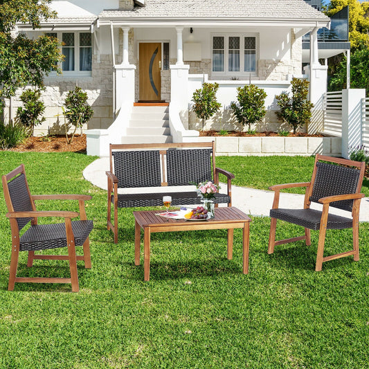 4 Pieces Outdoor Patio Rattan Furniture Sofa Set with Acacia Wood Frame - Tampa Home & Garden Store