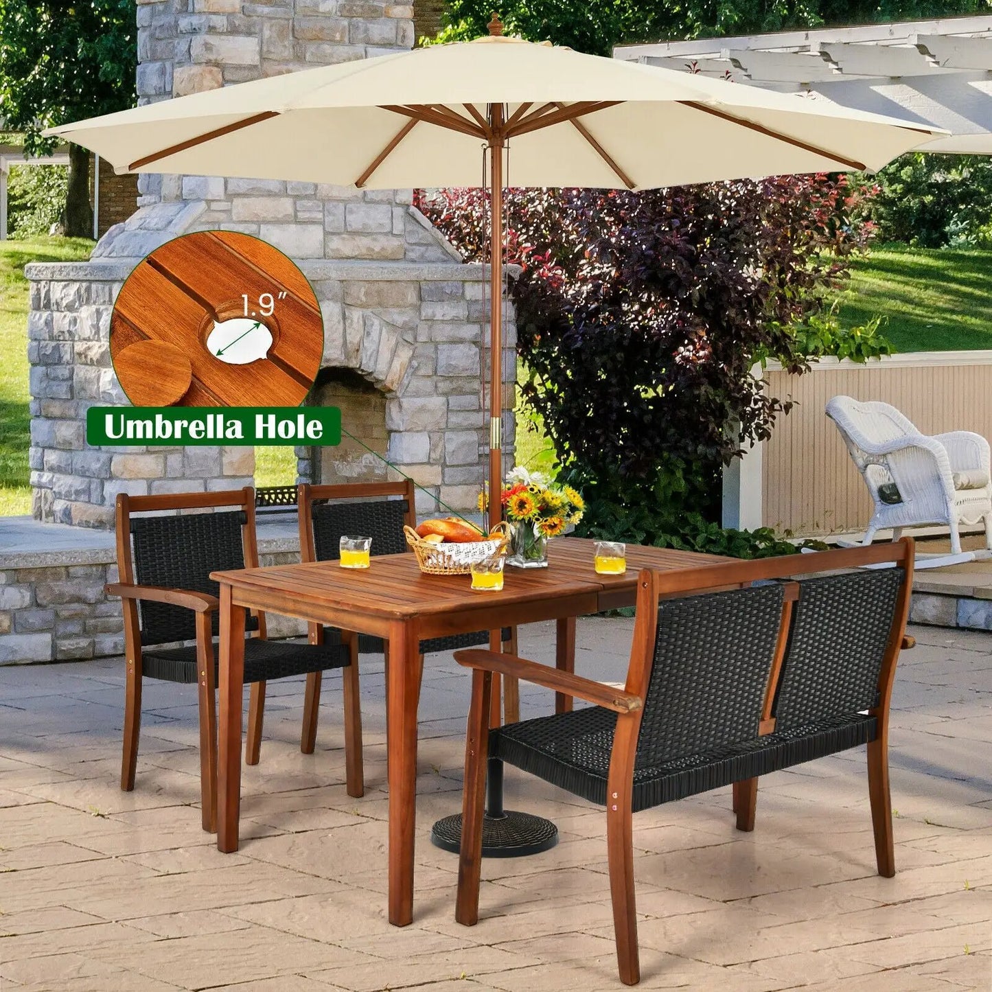 Acacia Wood Patio Rattan Dining Set 4-Piece with brown wood and black wicker chairs on Tampa Home & Garden Store