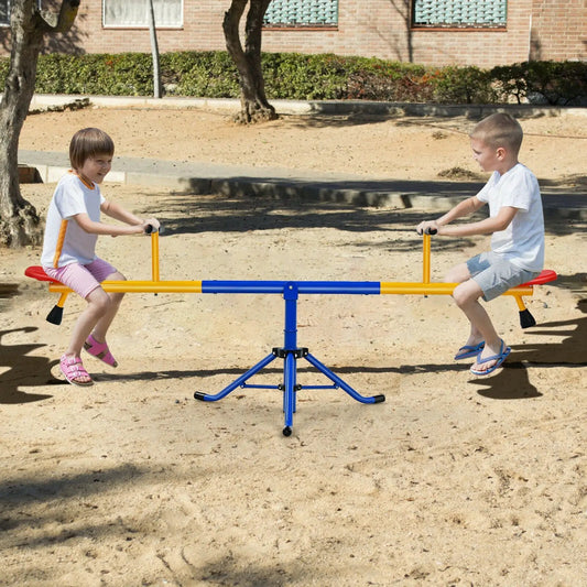 360° rotation kids seesaw with yellow beams blue center seats children playing on sandy ground on Tampa Home & Garden Store