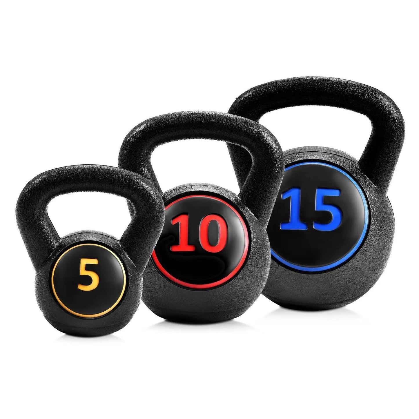 3-piece kettlebell set 5/10/15 lb black with color-coded numerals on Tampa Home & Garden Store