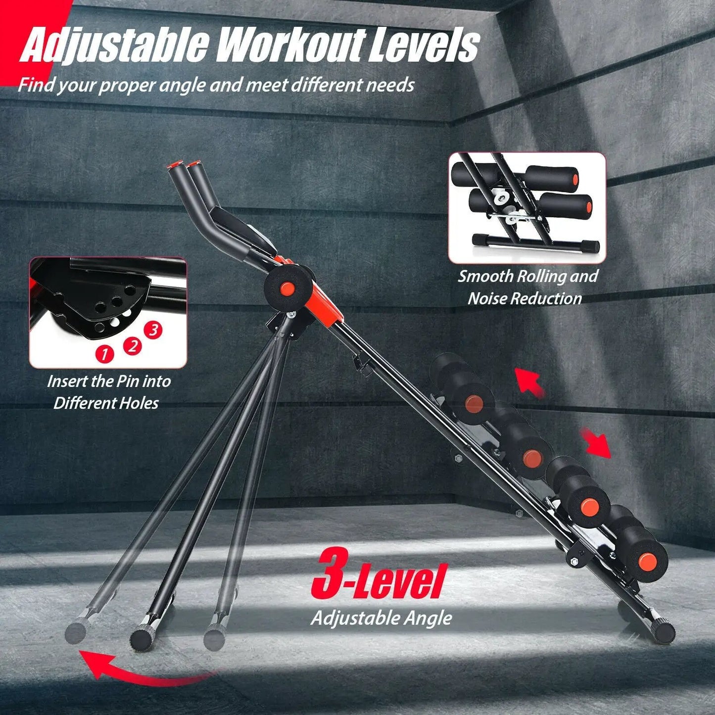 Foldable Core Ab Trainer with 3 resistance levels, black frame, red accents, DirectDeals on Tampa Home & Garden Store