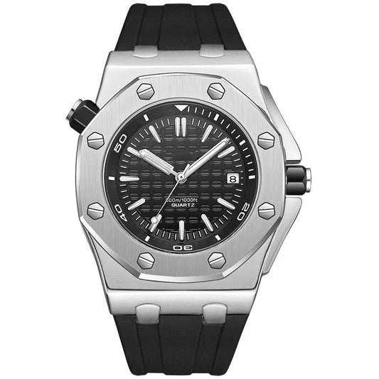 Luxury stainless steel quartz men's watch with black dial, date window, and rubber strap on Tampa Home & Garden Store