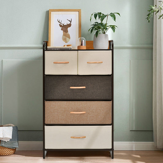 Torre organizadora de 4 niveles con marco de acero, tapa de madera y cómoda de 5 cajones - Multicolor