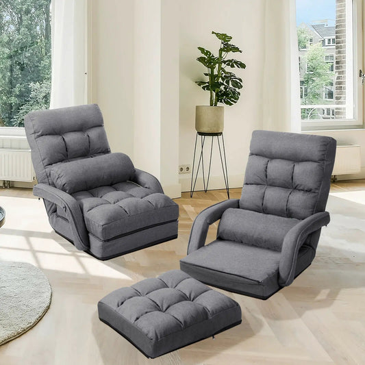 DirectDeals folding floor chair with armrests and pillow in gray fabric, includes ottomans on Tampa Home & Garden Store