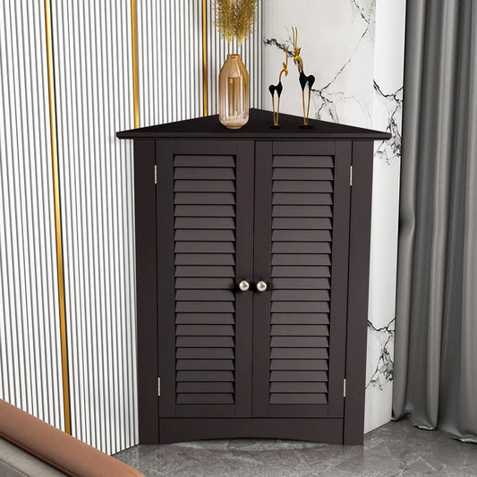 Bathroom corner cabinet with louvered shutter doors in dark espresso finish on Tampa Home & Garden Store