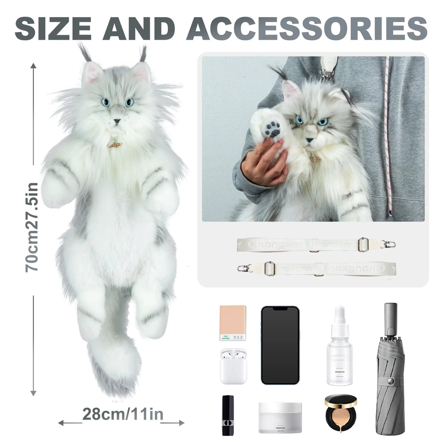 Silver Maine Coon Backpack by Chongker, realistic fluffy fur, blue eyes, cat ear details on Tampa Home & Garden Store