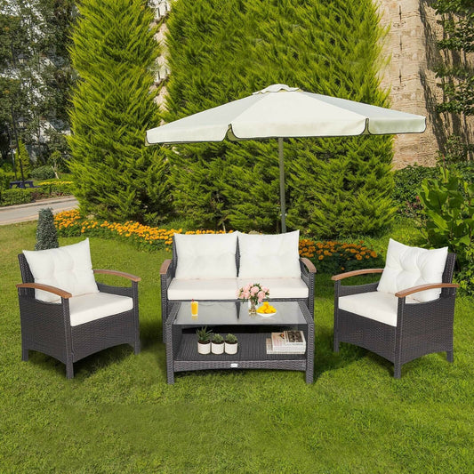 4 Pieces Patio Rattan Furniture Set with Cushioned Sofa and Storage Table-White - Tampa Home & Garden Store