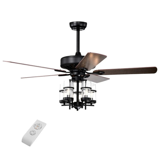 50 Inch Noiseless Ceiling Fan Light with black motor and wood blades; glass lantern lights remote on Tampa Home & Garden Store