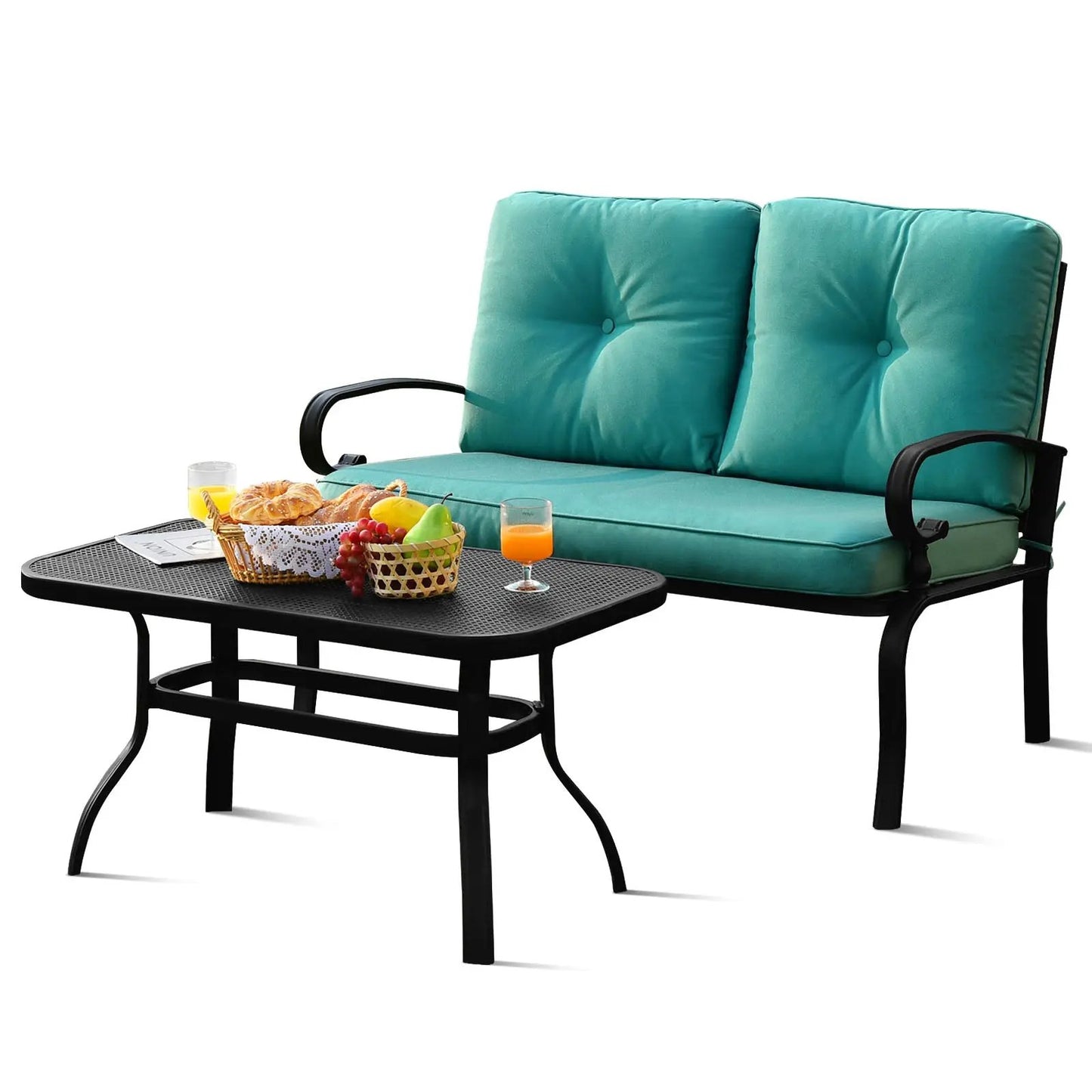 Two-piece patio loveseat set with blue cushions and black metal table DirectDeals on Tampa Home & Garden Store