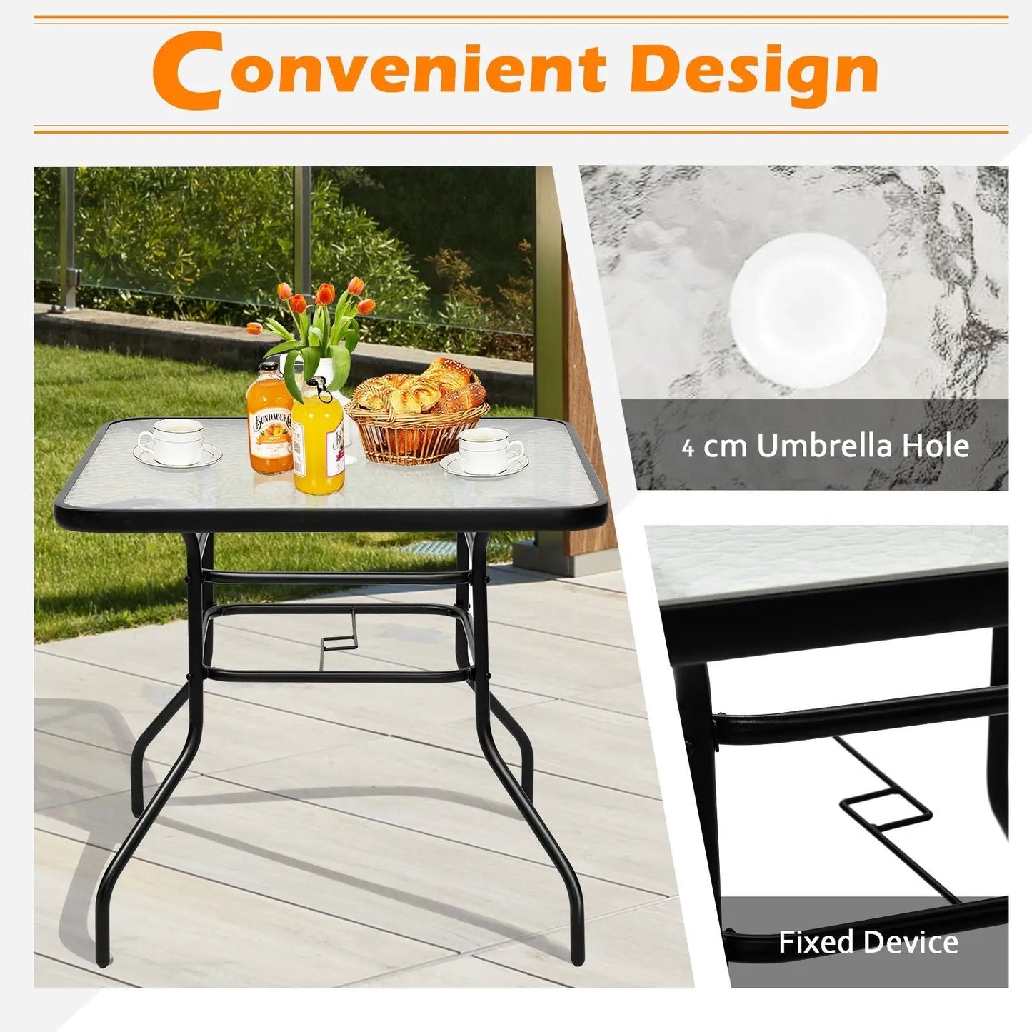 32 Inch Patio Tempered Glass Steel Frame Square Table - Tampa Home & Garden Store