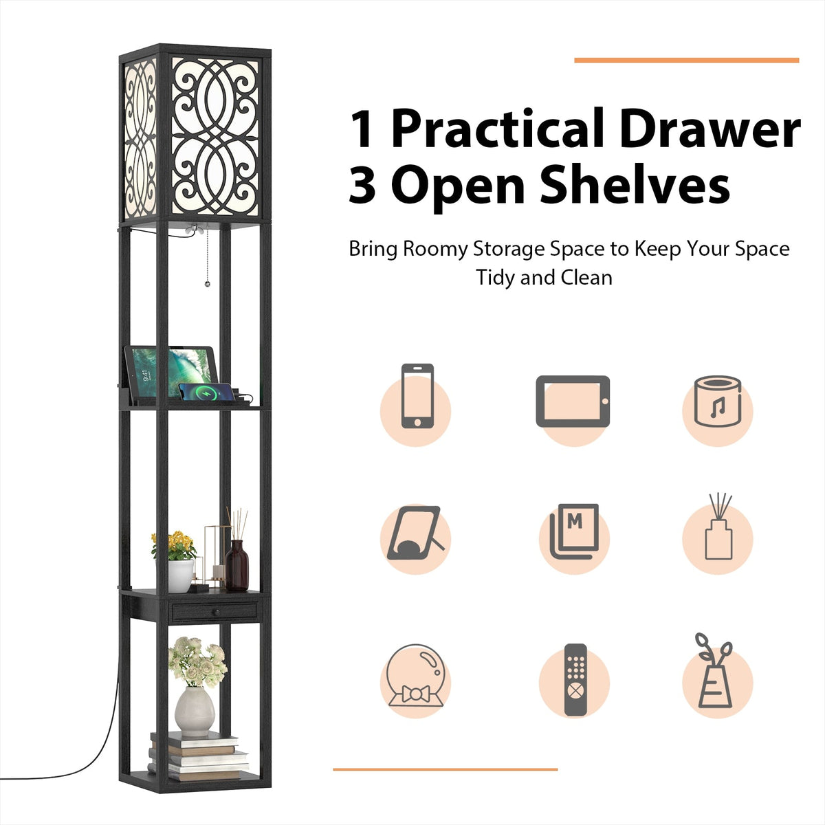 Modern standing shelf lamp DirectDeals with 1 power outlet and 2 USB ports, black metal frame on Tampa Home & Garden Store