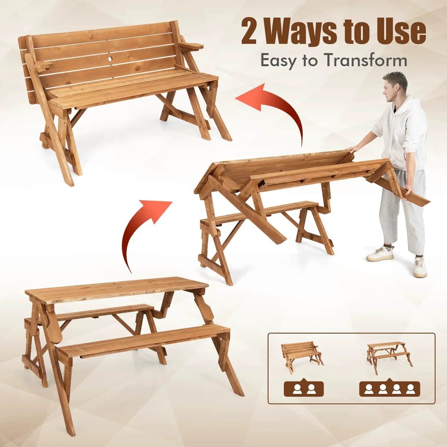 2-in-1 transforming picnic table and bench in brown wood showing folded/extended modes on Tampa Home & Garden Store